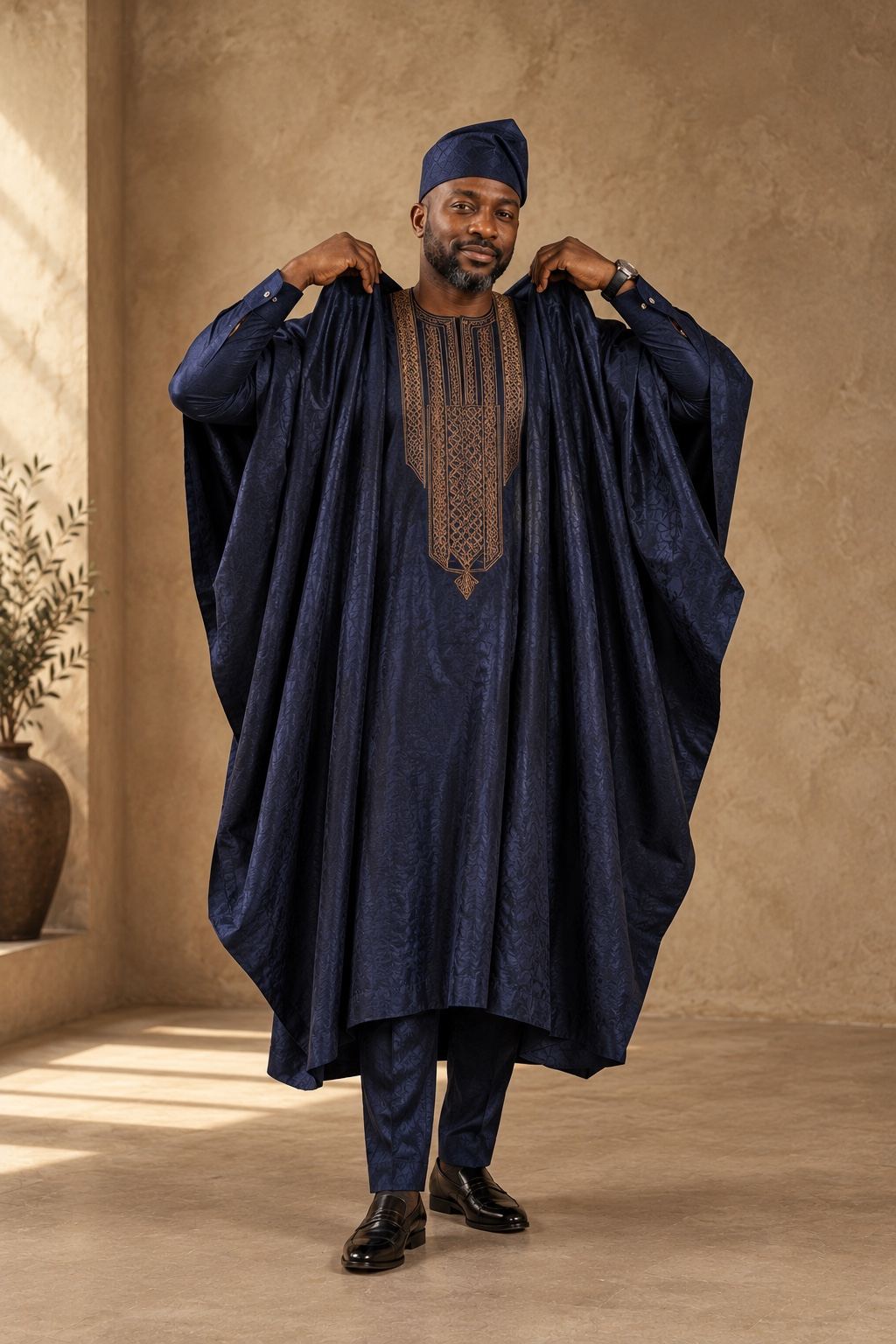 A man in a flowing midnight-blue agbada with bronze embroidery at the neckline.