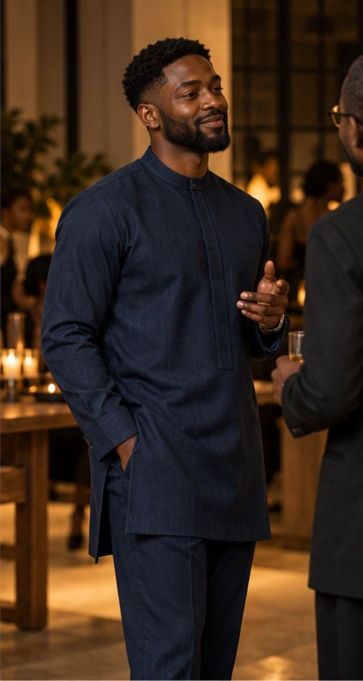 Indigo two-piece set from a three-quarter angle.