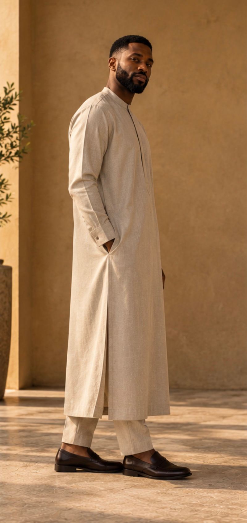 Stone kaftan from a three-quarter angle, showing the length and fall.