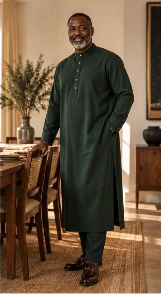 Forest-green kaftan from a three-quarter angle.