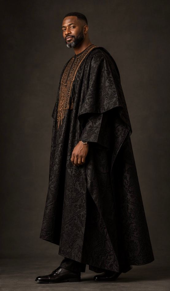 Black limited-edition agbada from a three-quarter angle.