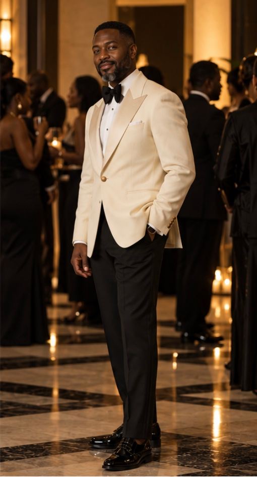 Cream dinner jacket from a three-quarter angle.