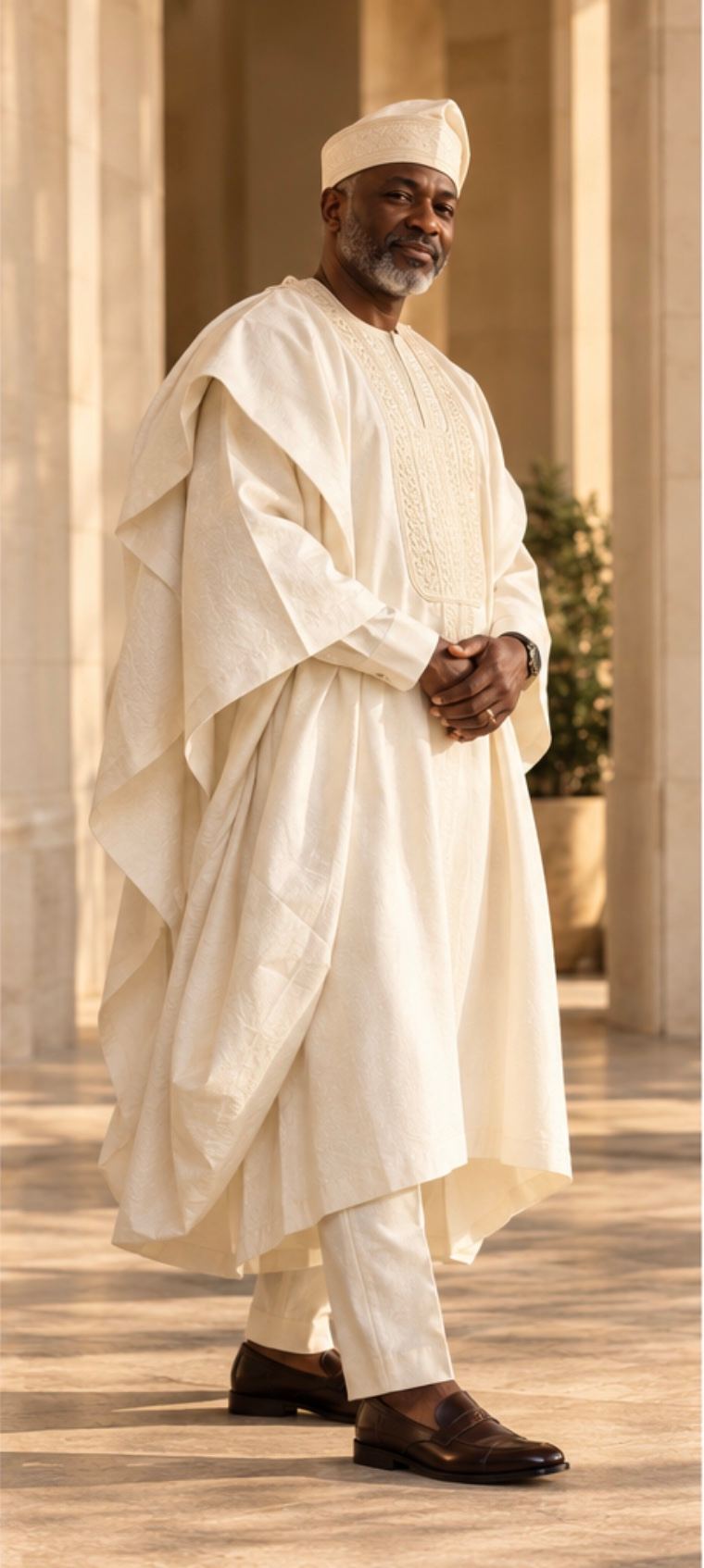 Ivory agbada from a three-quarter angle, showing the layered sleeves.