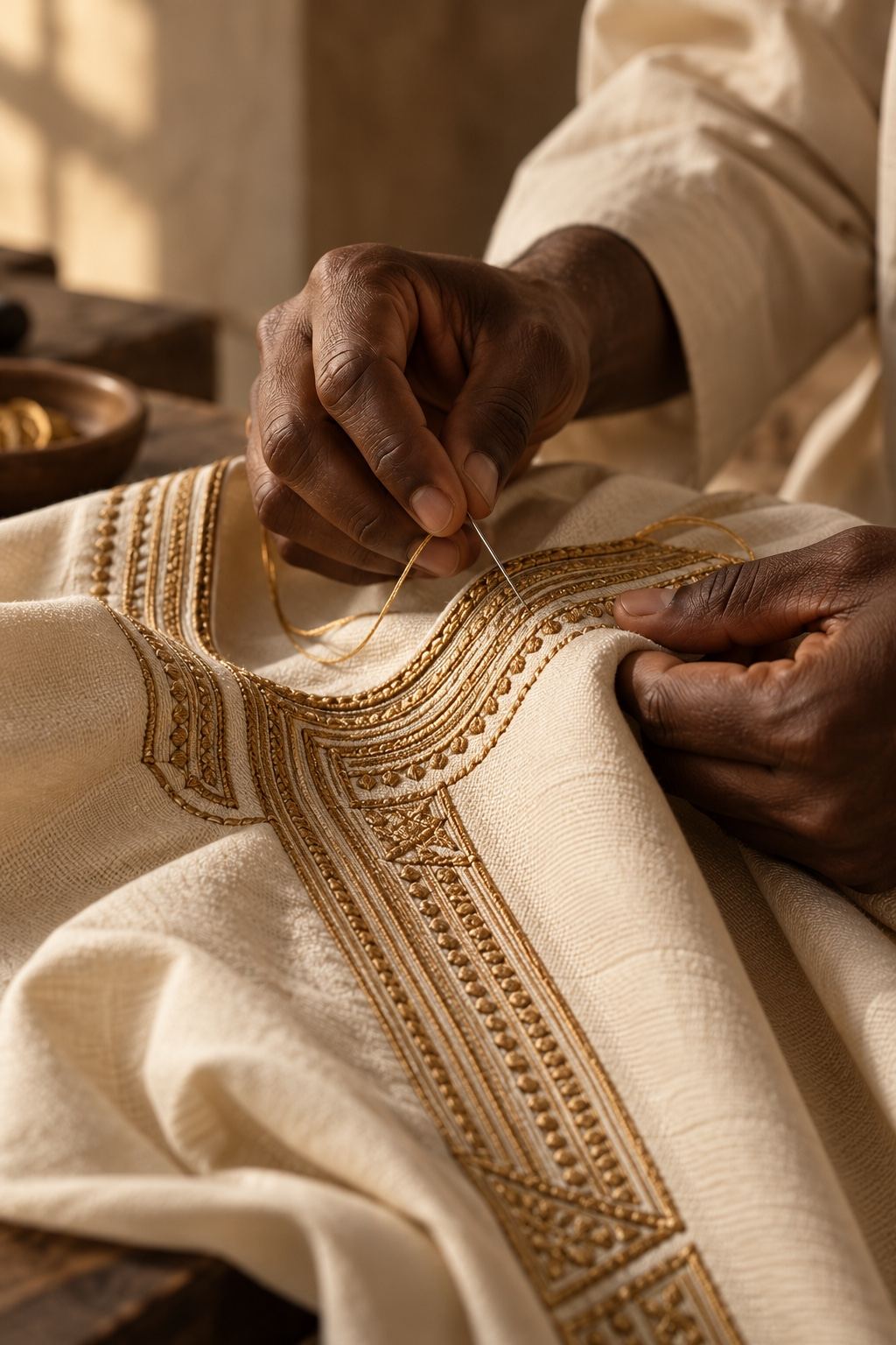 Close-up of bronze embroidery being worked into ivory fabric.