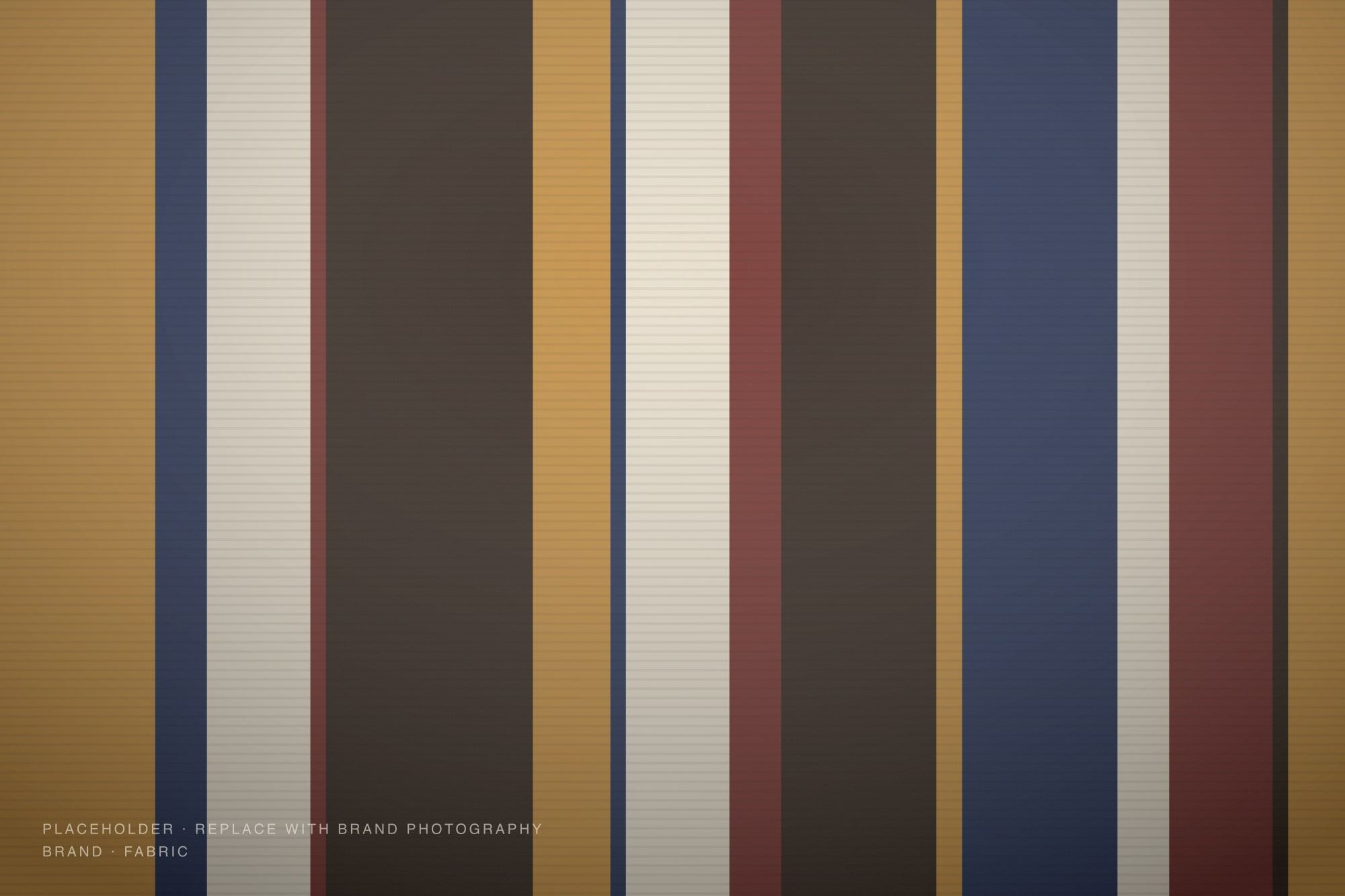 Woven stripe fabric in ochre, indigo, cream and oxblood.