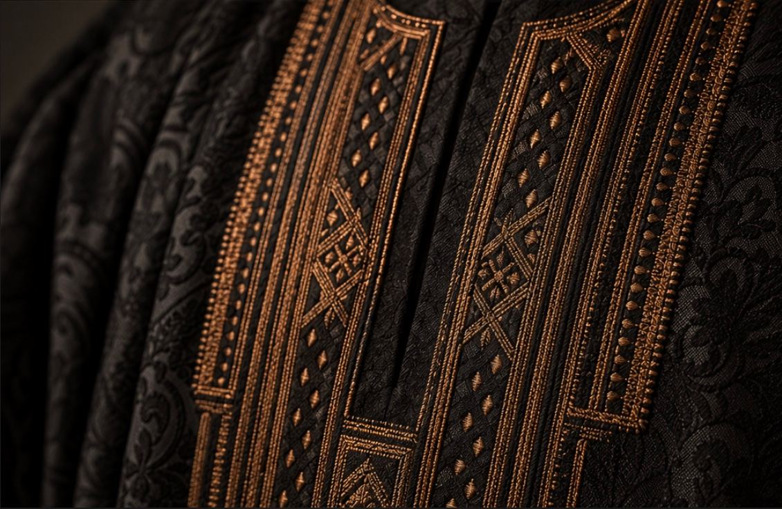 Close-up of dense bronze threadwork on black fabric.