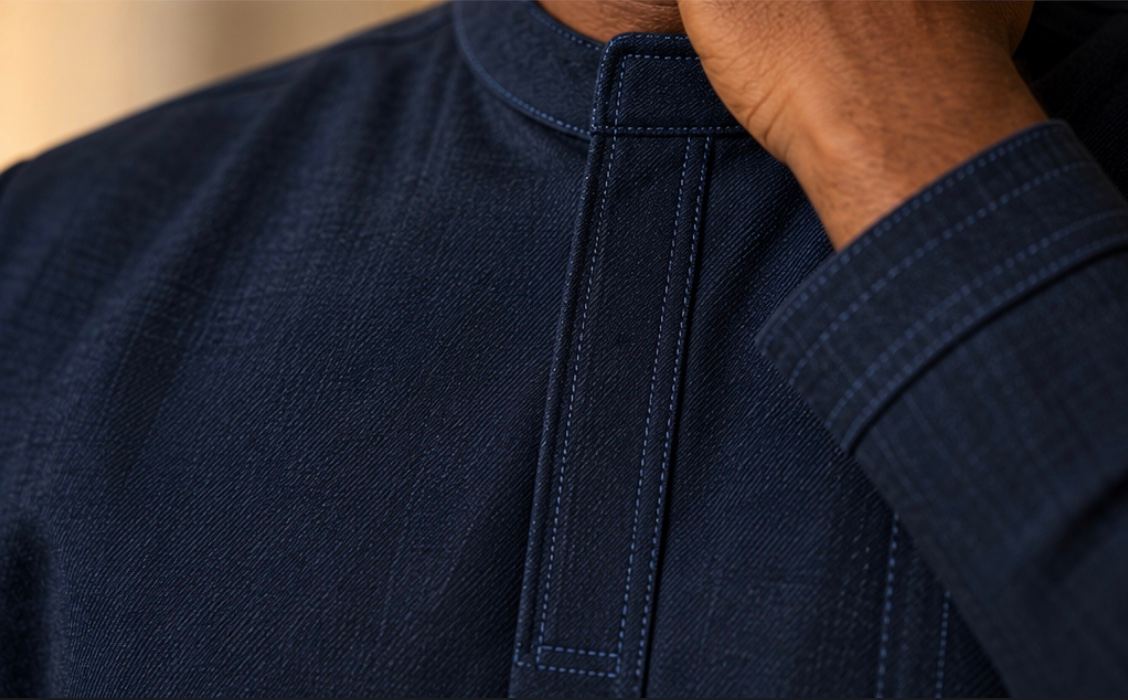 Close-up of indigo fabric with tonal stitch detail.