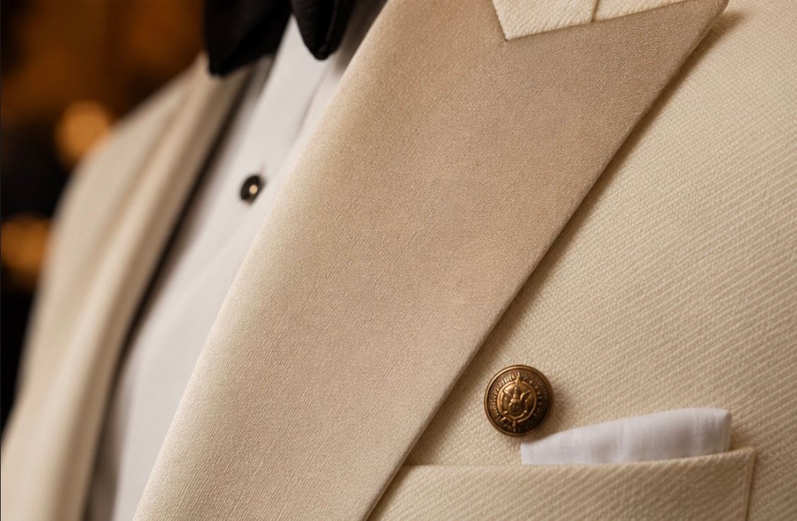 Close-up of cream fabric texture with fine embroidery.