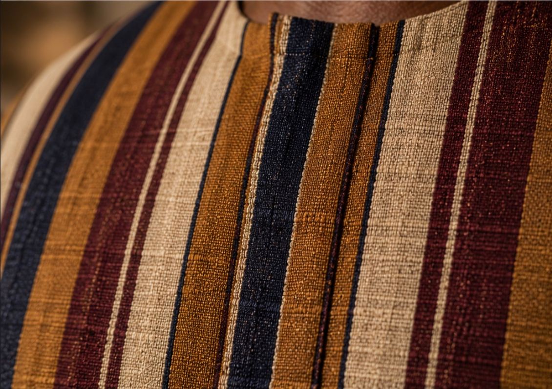 Close-up of woven stripes in ochre, indigo, cream and oxblood.