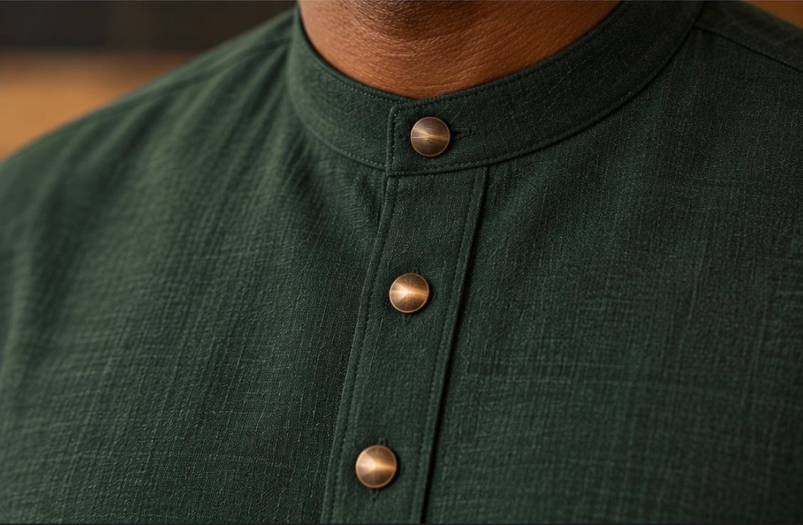 Close-up of forest-green fabric texture with fine stitching.