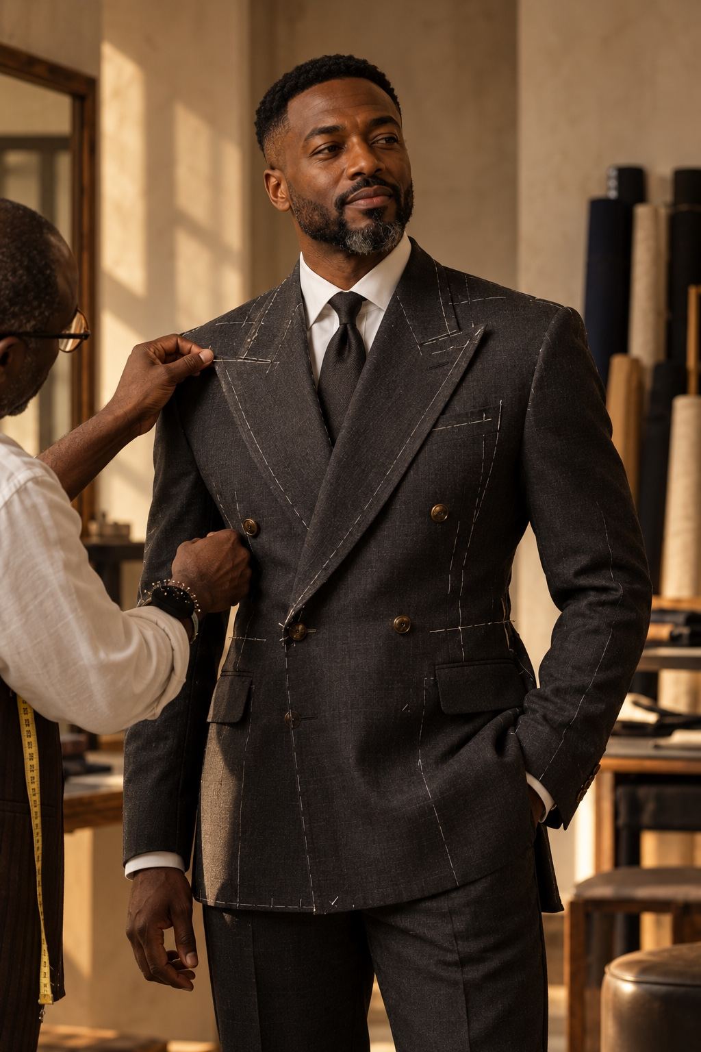 A charcoal jacket during a fitting, showing the lapel and button stance.