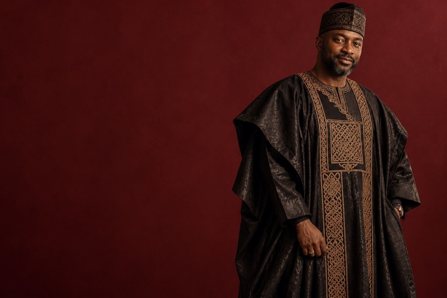 A man in a black agbada with dense bronze embroidery, photographed against a dark backdrop.