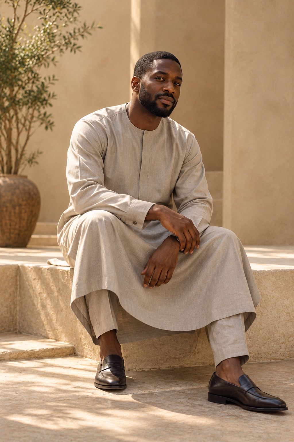A stone-coloured kaftan with a fine placket and tonal buttons.