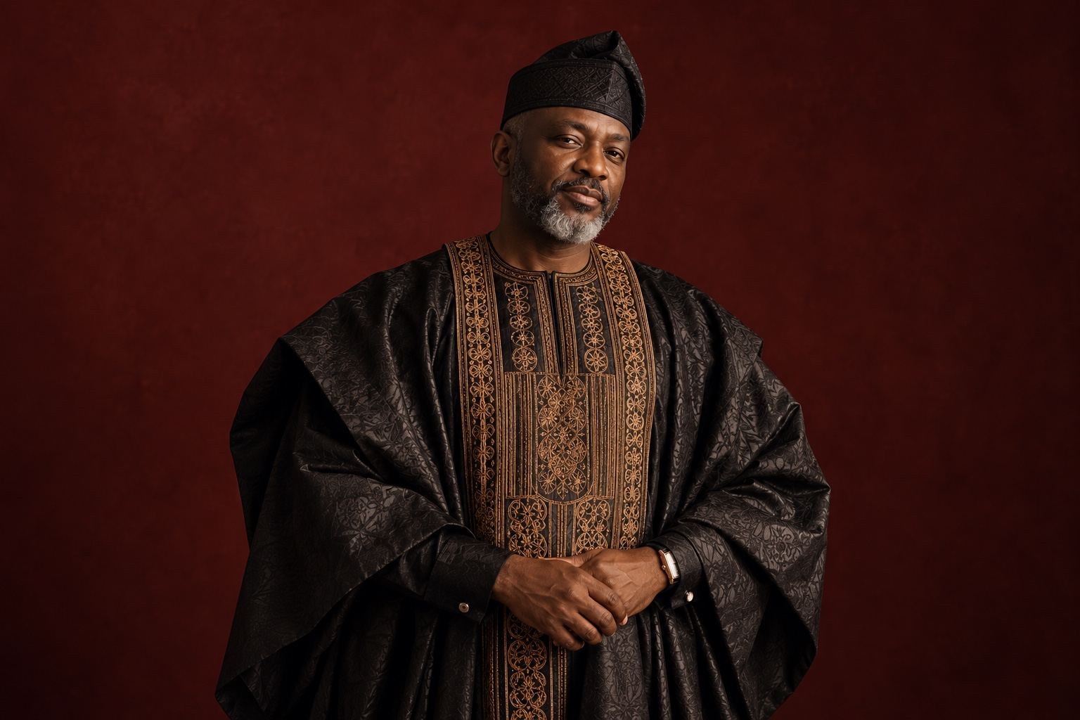A black agbada with dense bronze threadwork across the chest.