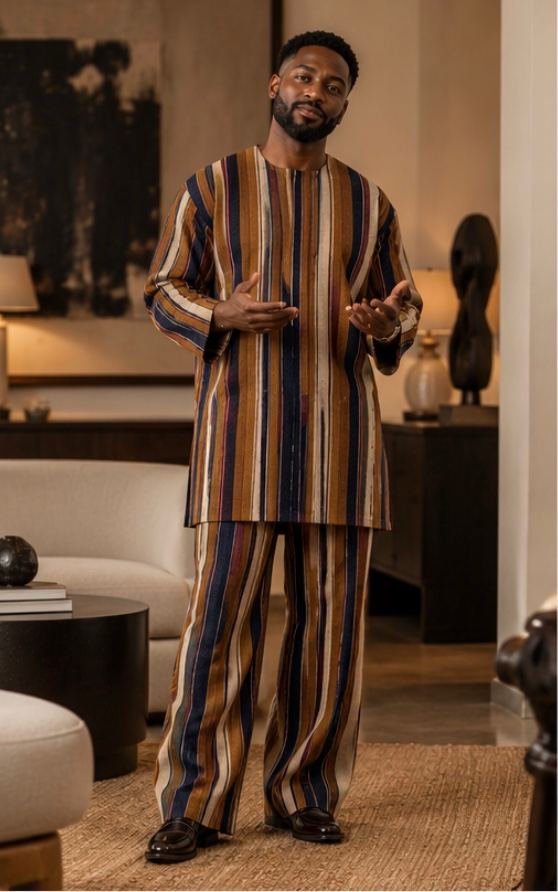 Woven stripe fabric in ochre, indigo, cream and oxblood, cut into a two-piece set.