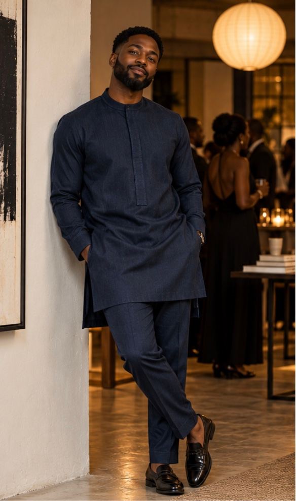 Indigo two-piece set with tonal stitching, front view.