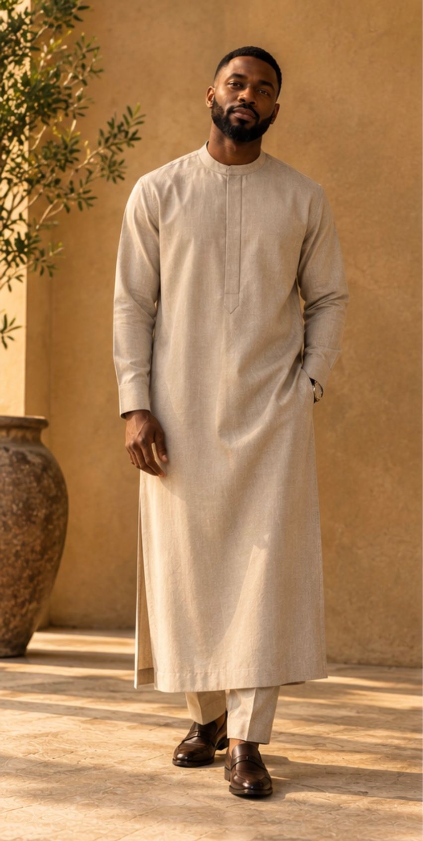 Stone-coloured kaftan with a slim placket and tonal buttons, front view.