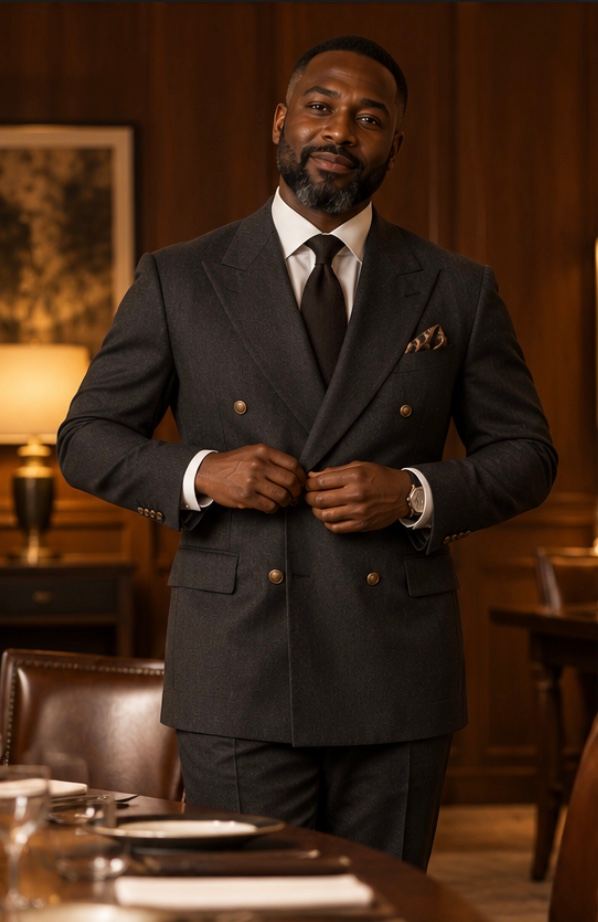 Charcoal double-breasted suit with bronze buttons and a pocket square, front view.