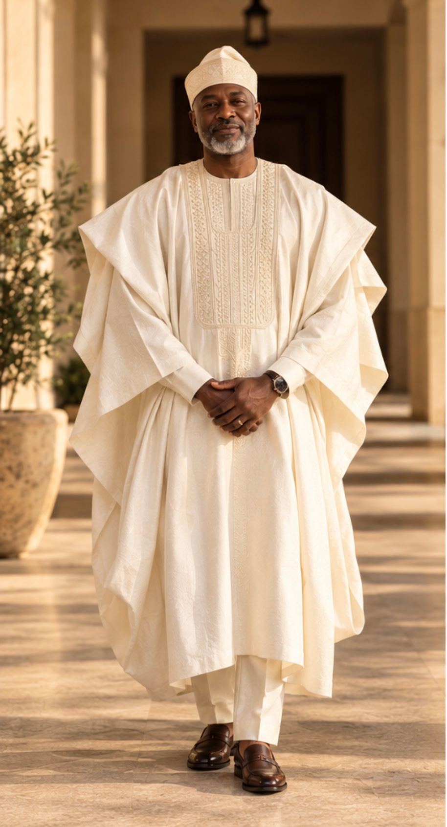 Ivory agbada with tonal embroidery at the neckline, front view.