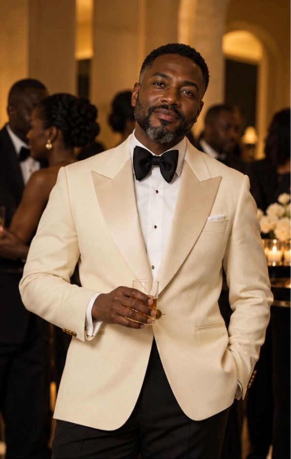 Cream single-breasted dinner jacket with bronze buttons, front view.