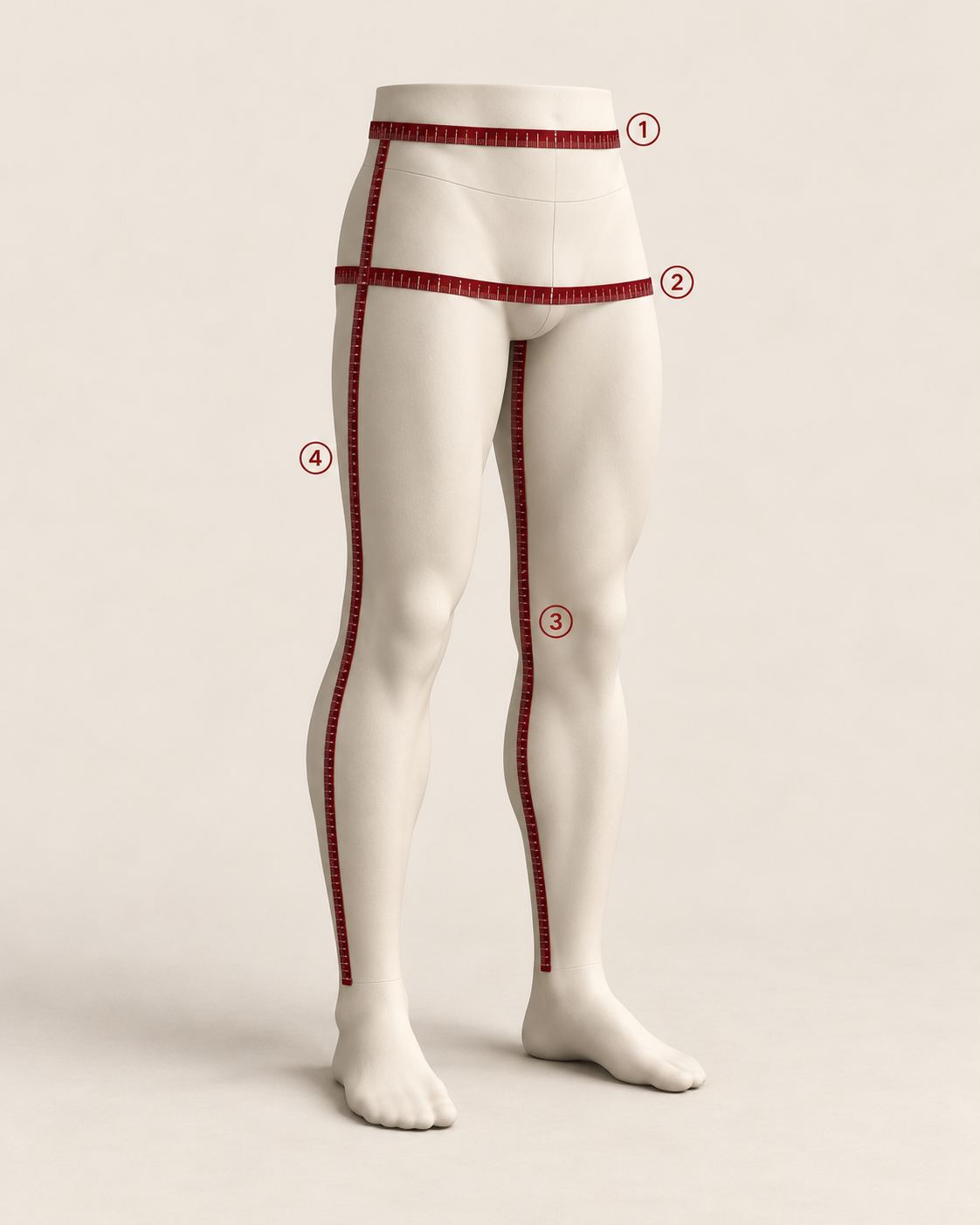A lower-body mannequin with numbered tape measures around the waist (1) and hips (2), down the inside of the leg (3) and down the outside of the leg (4).
