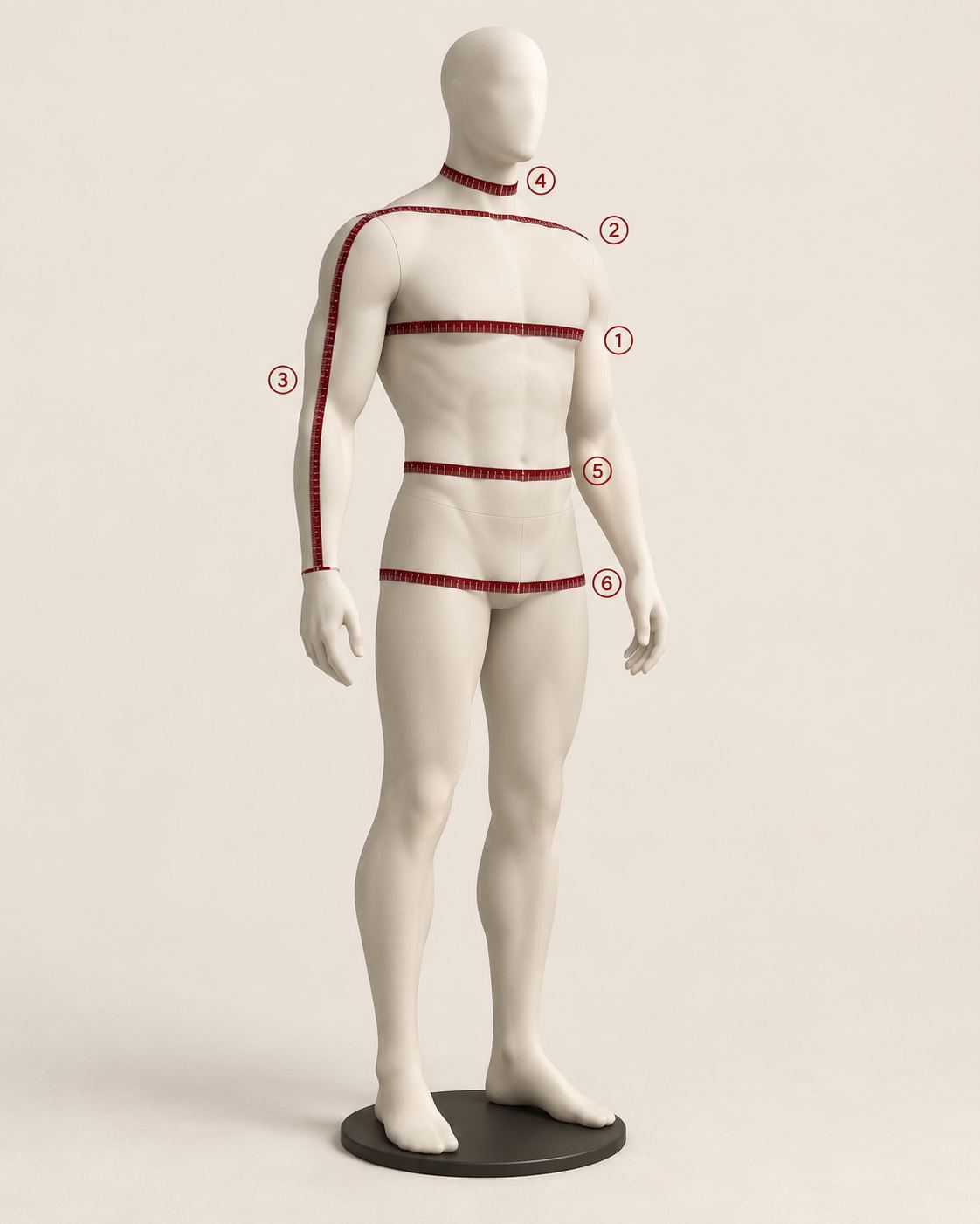 A mannequin with numbered tape measures at the chest (1), across the shoulders (2), down the arm (3), around the neck (4), around the waist (5) and around the hips (6).